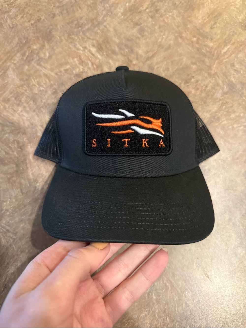 NWOT Sitka Gear Black & Orange Logo Trucker Hat